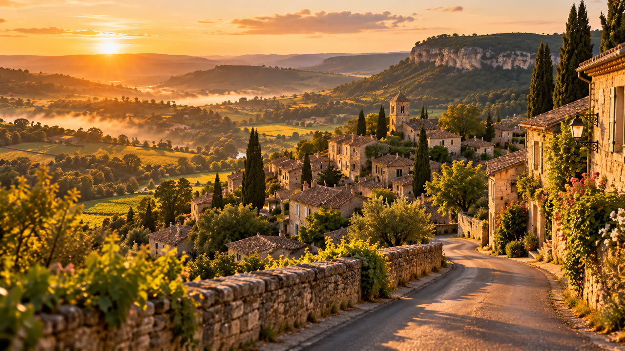 A French stone village and countryside at golden hour